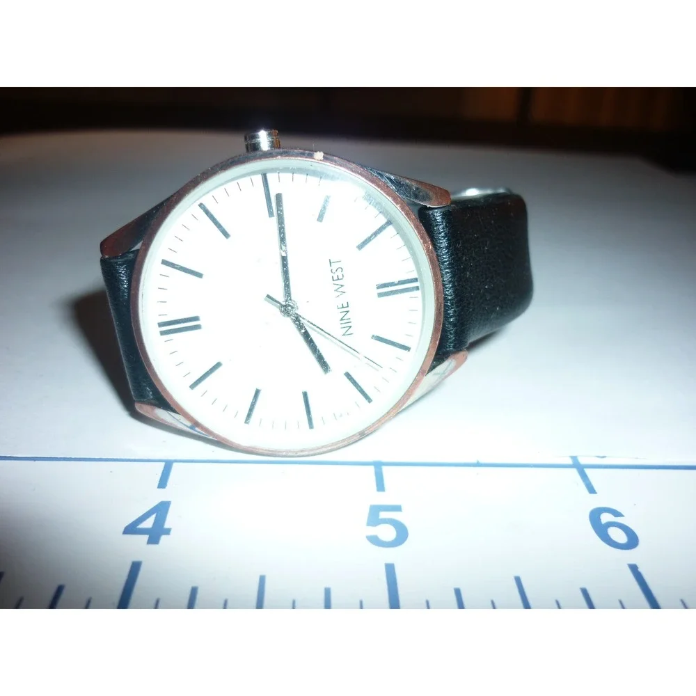 Nine West Analog Watch White Face Black Leather Band Silver‎ Tone Case Quartz